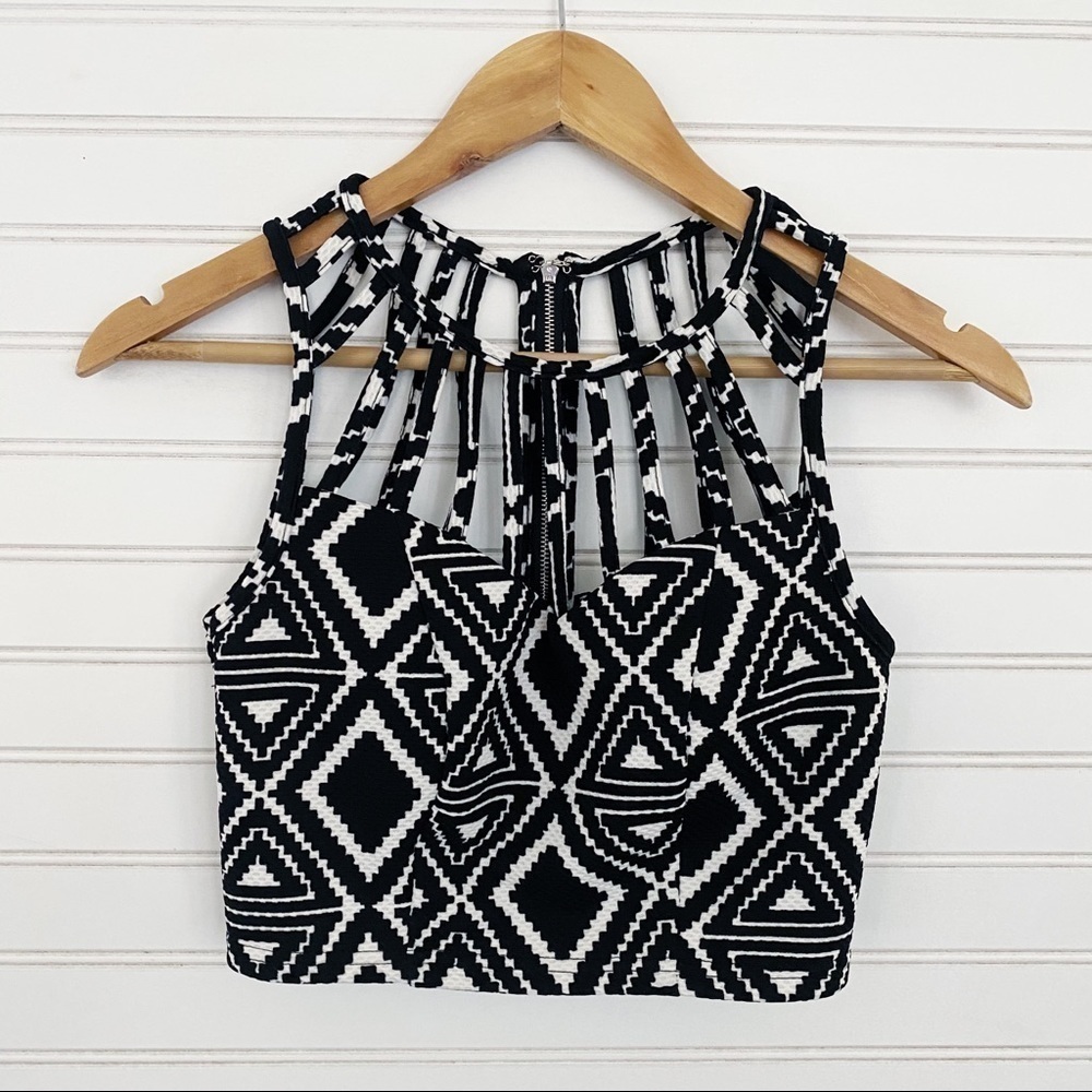 Alt.B Geometric Tribal Crop Top Small Black White Strappy Cage Back Zipper